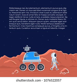 Vector illustration of space ship rover and astronaut on red planet. Planet exploration concept flyer with text place. Doodle cartoon outline space symbols.