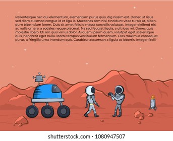 Vector illustration of space ship rover and astronaut on red planet. Planet exploration concept flyer with text place. Doodle cartoon outline space symbols.