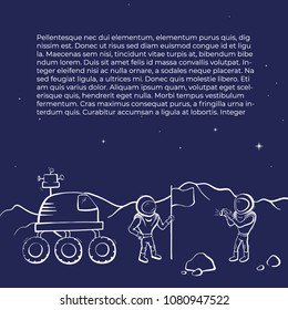 Vector illustration of space ship rover and astronaut on red planet. Planet exploration concept flyer with text place. Doodle cartoon outline space symbols.