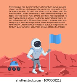 Vector illustration of space ship rover and astronaut on red planet. Planet exploration concept flyer, card with text place. Doodle cartoon outline space symbols.