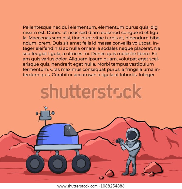 Vector illustration of space ship\
rover and astronaut on red planet. Planet exploration concept flyer\
with text place. Doodle cartoon outline space\
symbols.