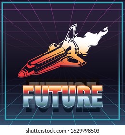 Vector illustration with space ship, shuttle and text, vector vintage illustration