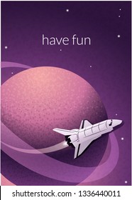 Vector illustration of space shuttle and planet with dust ring in space with colorful background and grain texture