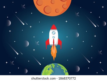 Vector Illustration of Space, Spaceship, Planet Earth, Moon