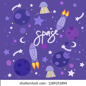 Vector illustration of space, stars and spaceships 