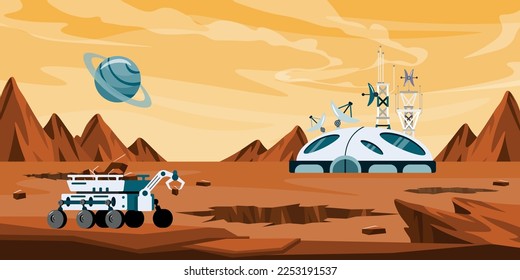 Vector illustration of space stations on the planet. Cartoon space landscape with planets in the sky, craters, strong point, a remote-controlled explorer robot on a mountain background.