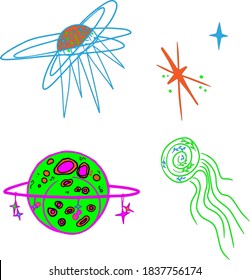 Vector illustration in space style: planets, satellites, space, constellations isolated on white background. Drawing blank for designer, printing on paper, postcards, baby clothes, bed, textiles