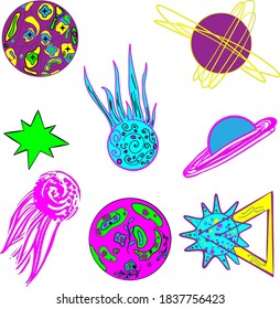 Vector illustration in space style: planets, satellites, space, constellations isolated on white background. Drawing blank for designer, printing on paper, postcards, baby clothes, bed, textiles