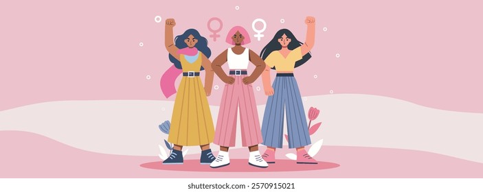 Vector illustration with space for text for holidays women's day, equality day, feminism day. Women feminist activists of different skin colors stand together in protest for equality, empowerment