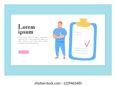 Vector illustration with space for text. For medical presentations and consultations. Doctor in blue uniform and a clipboard with a page.