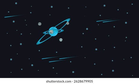 vector illustration with a space theme with a blue planet with two rings surrounding it