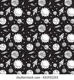 Vector illustration of space theme with planets, stars and rocket in black and white doodle cartoon