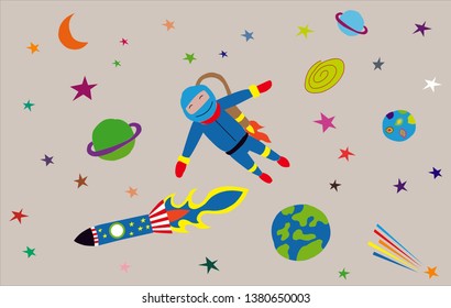 Vector illustration of space travel with astronaut, galaxy, planets, stars and space rocket for children books