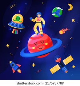 vector illustration with space and universe. Cartoon style.