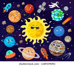 Vector illustration of space, universe. Cute cartoon planets, asteroids, comet, rockets.