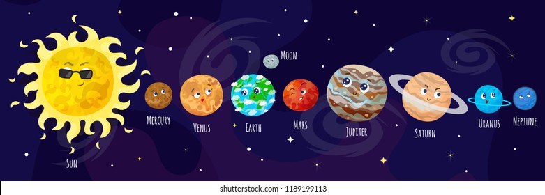 Vector illustration of space, universe. Cute cartoon planets.