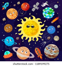 Vector illustration of space, universe. Cute cartoon planets, asteroids, comet, rockets.