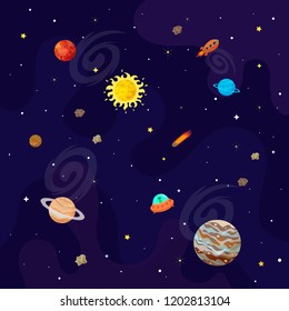 Vector illustration of space, universe. Cute cartoon planets, asteroids, comet, rockets. Kids illustration.
