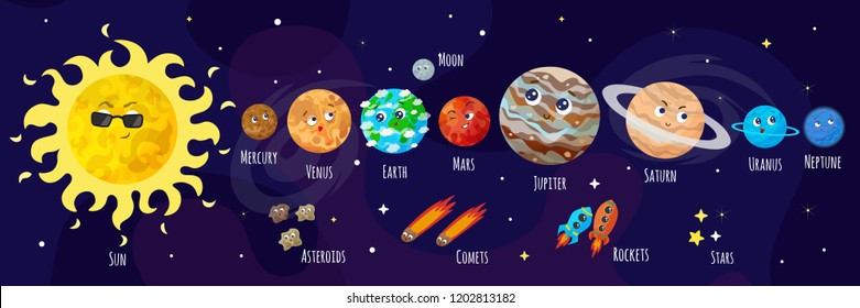 Vector illustration of space, universe. Cute cartoon planets, asteroids, comet, rockets. Kids illustration.