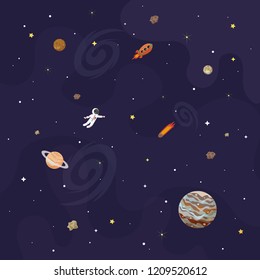 Vector illustration of space, universe. Cute cartoon planets, asteroids, comet, rockets. Kids illustration.