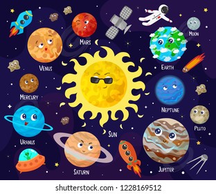 Vector illustration of space, universe. Cute cartoon planets, asteroids, comet, rockets.