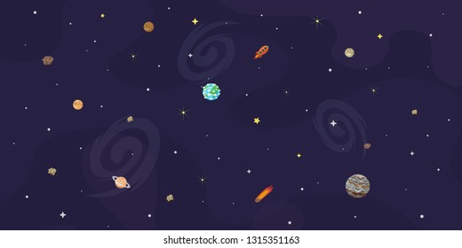 Vector Illustration Of Space, Universe. Cute Cartoon Planets, Asteroids, Comet, Rockets. Kids Illustration.