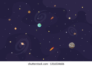 Vector illustration of space, universe. Cute cartoon planets, asteroids, comet, rockets. Kids illustration.