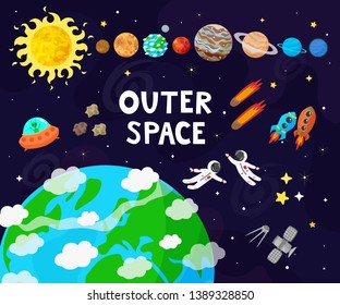 Vector illustration of space, universe. Cute cartoon planets, asteroids, comet, rockets.