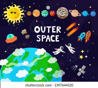 Vector illustration of space, universe. Cute cartoon planets, asteroids, comet, rockets.