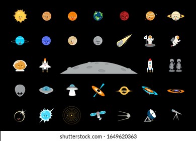 Vector illustration of space, universe. Cute cartoon planets, asteroids, comet, rockets.