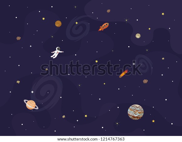 宇宙 宇宙のベクターイラスト かわいいアニメの惑星 小惑星 彗星 ロケット 子供のイラスト のベクター画像素材 ロイヤリティフリー 1214767363