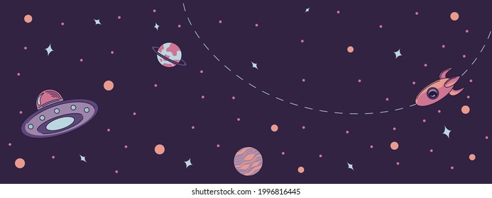 Vector illustration of space and universe theme. Flat illustration on a dark purple background with multi-colored planets, rocket and ufo. Vector illustration