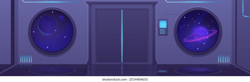 Vector illustration of a spacecraft with a door and portholes where space and the planet Jupiter are visible from the outside. Neon purple aesthetics for games.