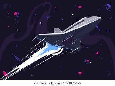 Vector illustration of a spacecraft flying at high speed in outer space, leaving a white trace of engine operation