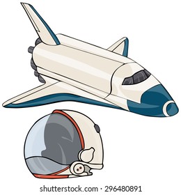 Vector illustration, spacecraft and helmet, cartoon concept, white background.