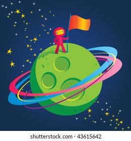 Vector illustration of a spaceman conquering a new planet.