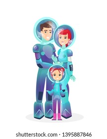 Vector illustration of spaceman family. Happy astronauts in space suit - woman, man and daughter. Space colonization concept, Cosmonauts in futuristic clothes in cartoon style on white background.