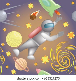 Vector illustration of spaceman flying in space among rockets, planets, satellites, meteors and stars. Space, science, future, cosmonautics, fantasy, fiction concepts