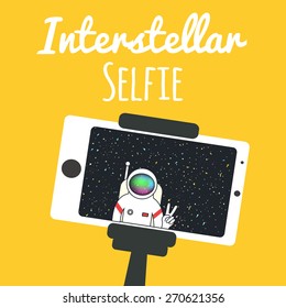 Vector illustration. Spaceman/astronaut makes self portrait with a monopod and mobile phone. Interstellar selfie