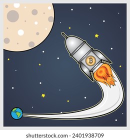 vector illustration of a spaceship with the bitcoin logo flying from the earth to the moon