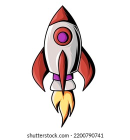vector illustration of a spaceship called rocket flying with turbine fire. Isolated on a white background