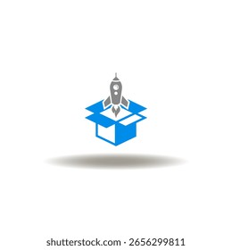 Ilustração vetorial de espaçonave e embalagem de caixa aberta de cartão. Símbolo de inicialização. Ícone do novo produto ou lançamento da empresa.