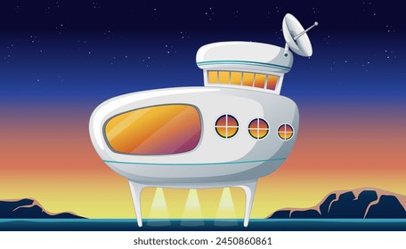 Vector illustration of spaceship at dusk on alien planet