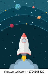 Ilustración vectorial de la nave espacial flotando en el espacio abierto con estrellas y planetas.