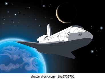 Vector illustration of a spaceship flying around the Earth