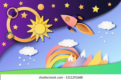 Vector illustration of a spaceship flying from earth into space in the style of cut paper. Space expedition.