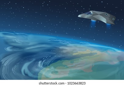 Vector illustration of spaceship flying over planet to blue star in opened galaxy space. Earth view from space.