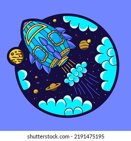 Vector illustration spaceship flying in space with stars and planets
