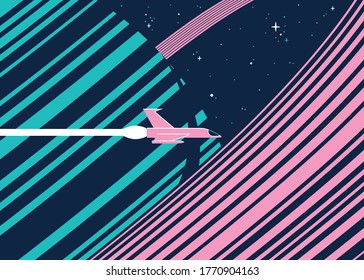 Vector illustration of a spaceship flying through space, in the background you can see a planets and stars. The illustration has bright colors combined with a dark blue tone.