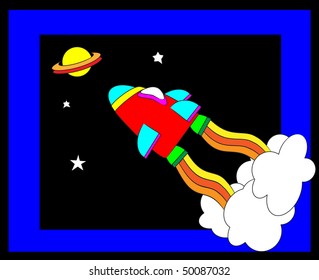 A vector illustration of a spaceship flying towards a planet. Cartoon style.